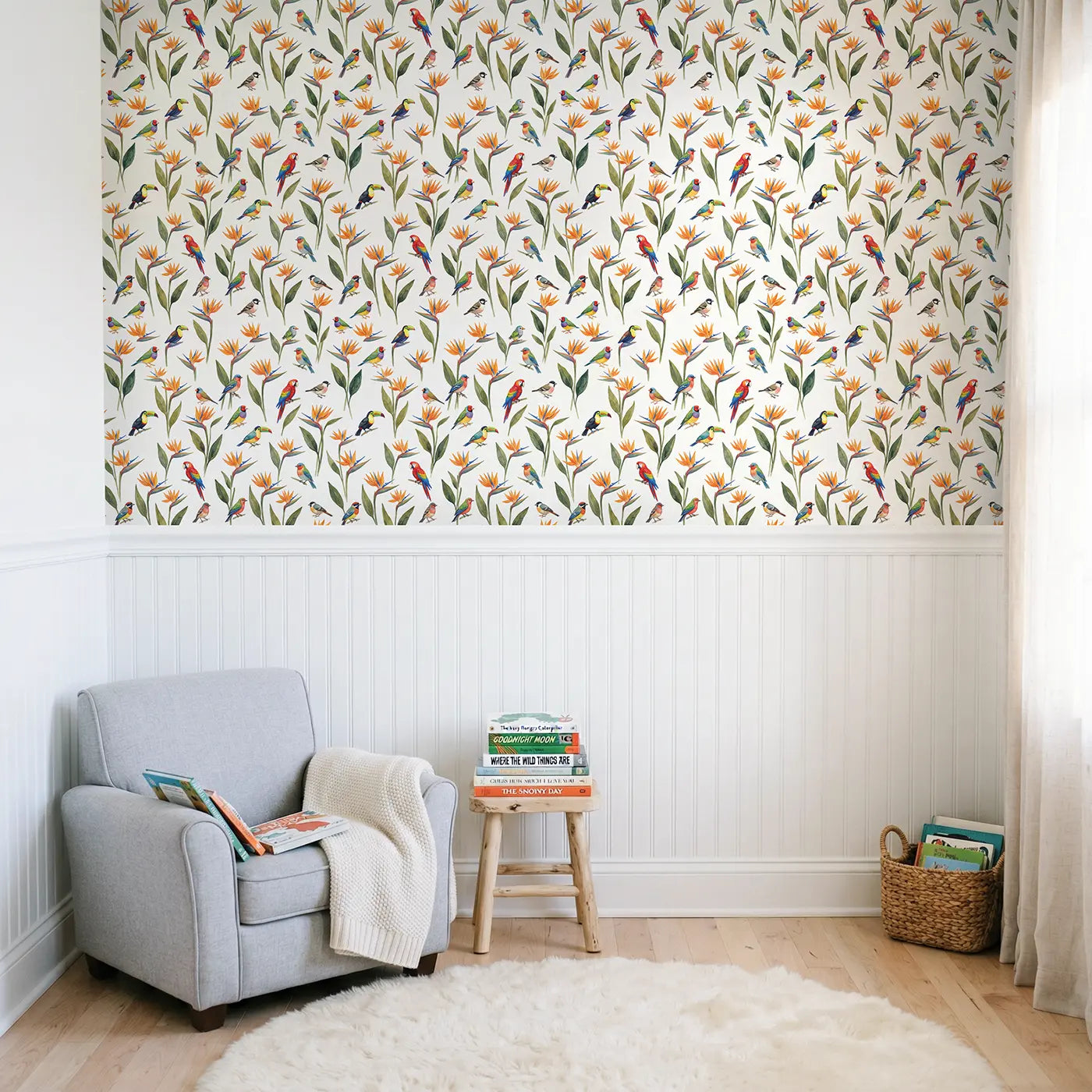 Tropical Bird-Of-Paradise Watercolor wallpaper above wainscoting - Whimsy Tots