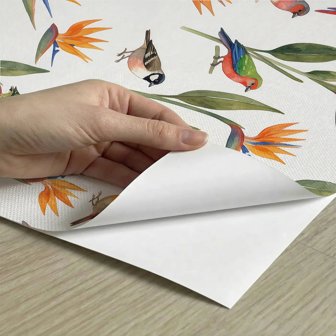 Tropical Bird-Of-Paradise Watercolor peel and stick material close-up - Whimsy Tots