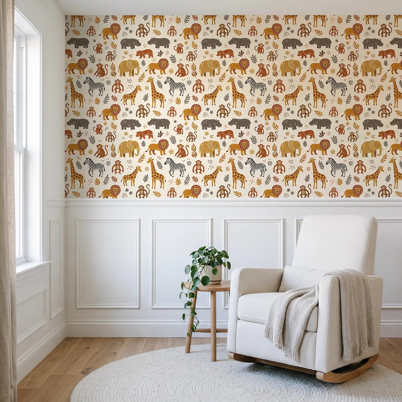 Safari Animals Block Print wallpaper above wainscoting - Whimsy Tots