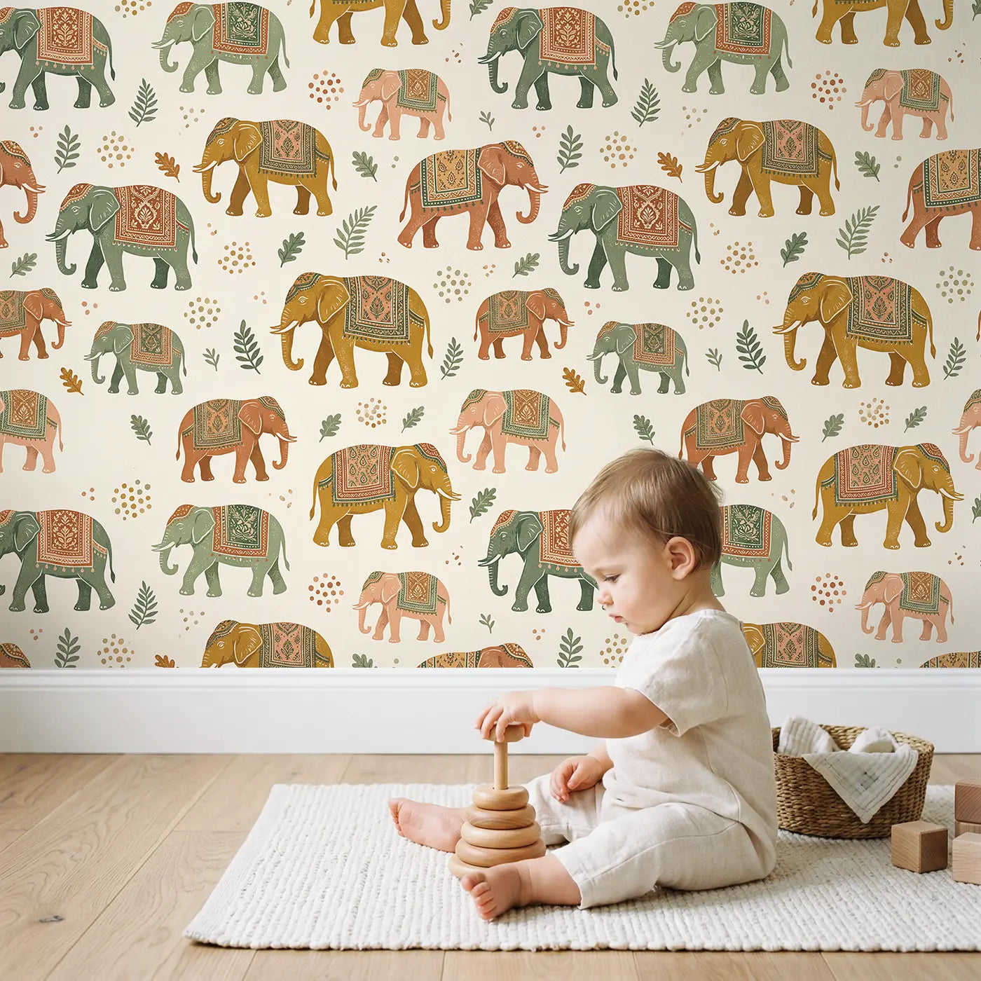 Elephants Decorative Block Print wallpaper in styled kids room - Whimsy Tots