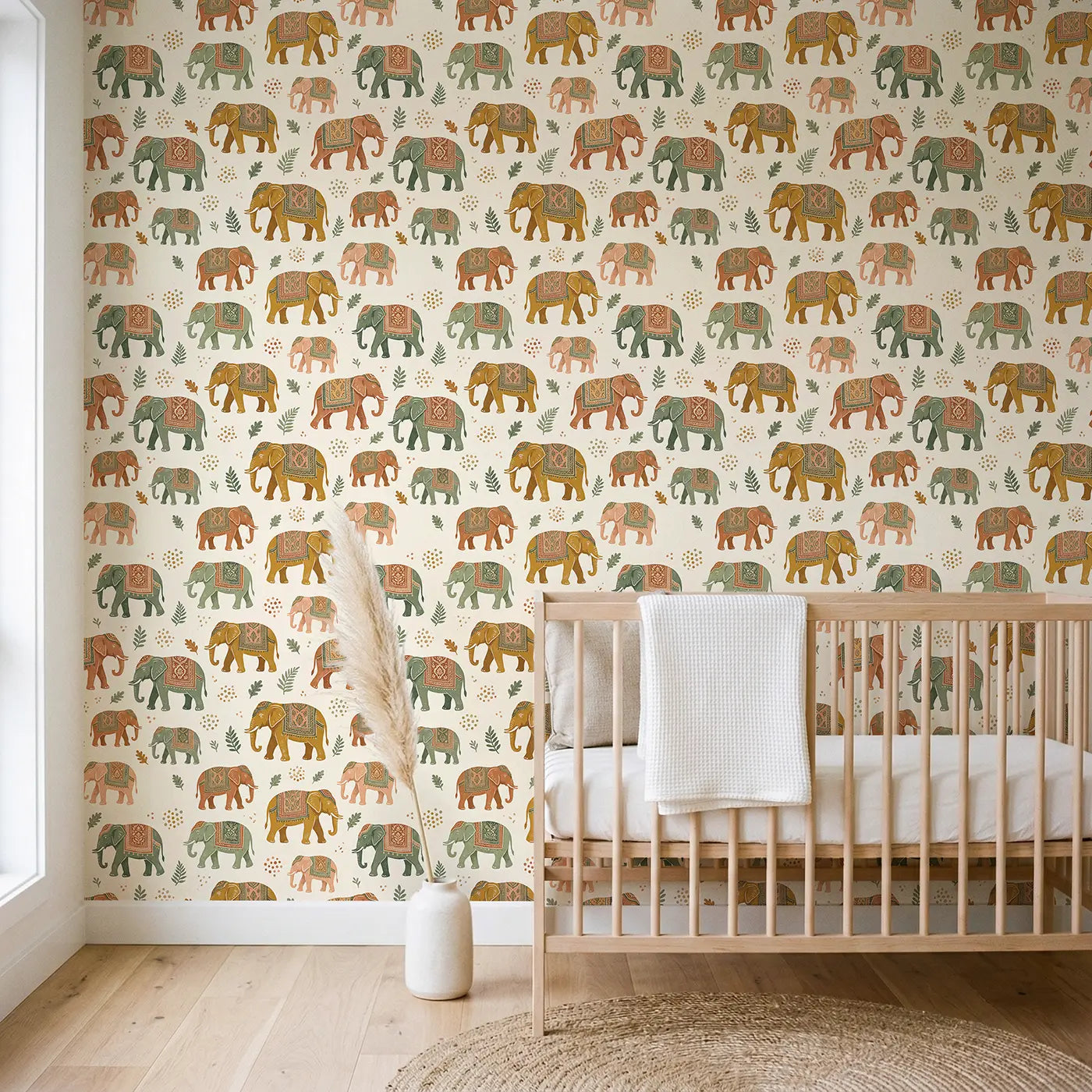 Elephants Decorative Block Print wallpaper in Scandinavian nursery - Whimsy Tots