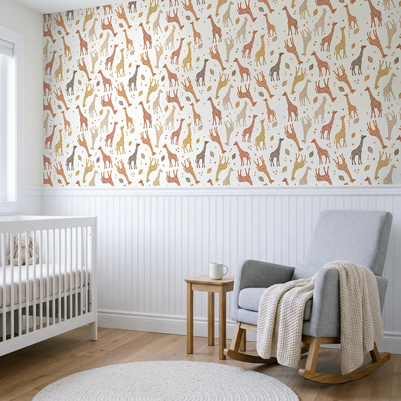 Giraffes Geometric Block Print wallpaper above wainscoting - Whimsy Tots