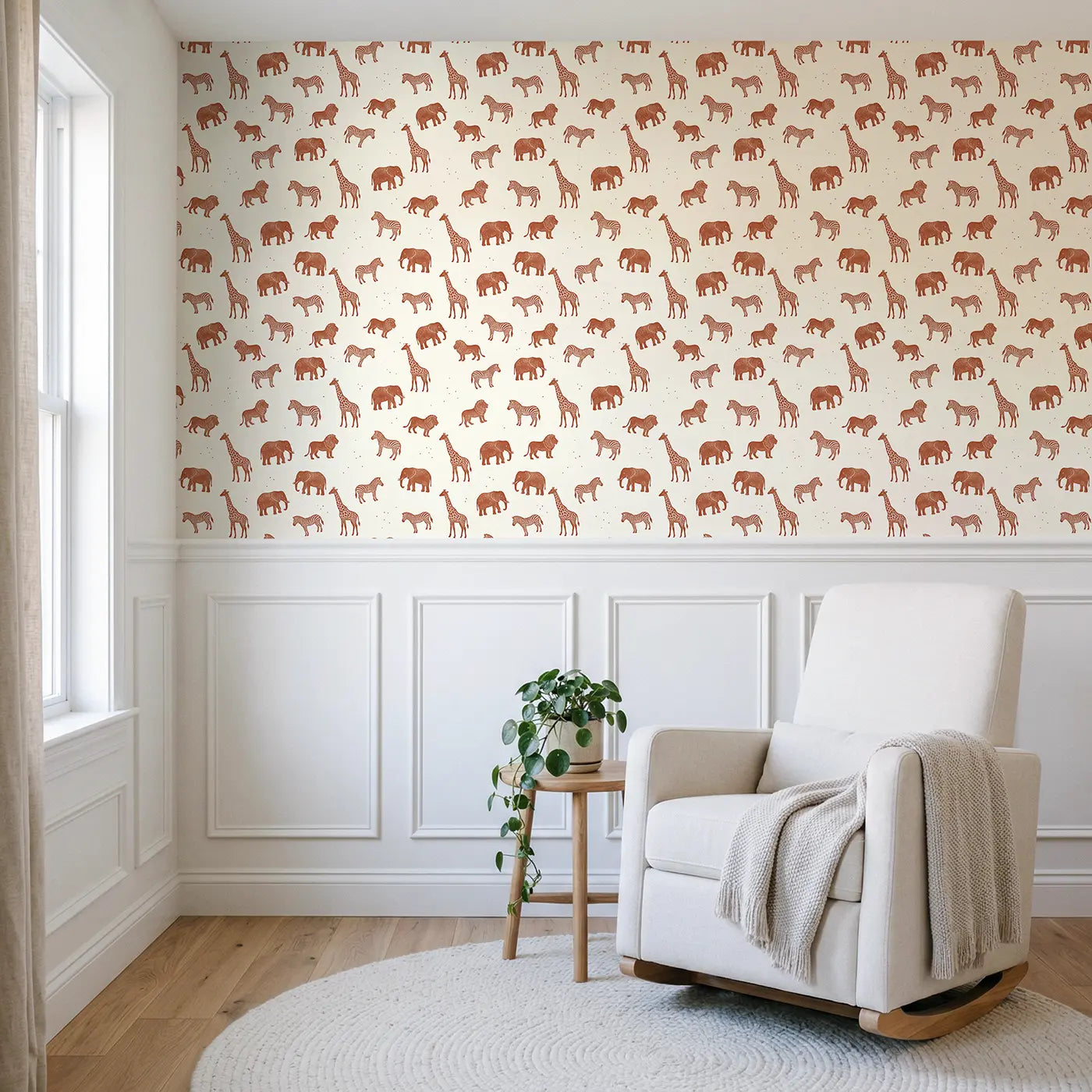 Safari Silhouettes Block Print wallpaper above wainscoting - Whimsy Tots