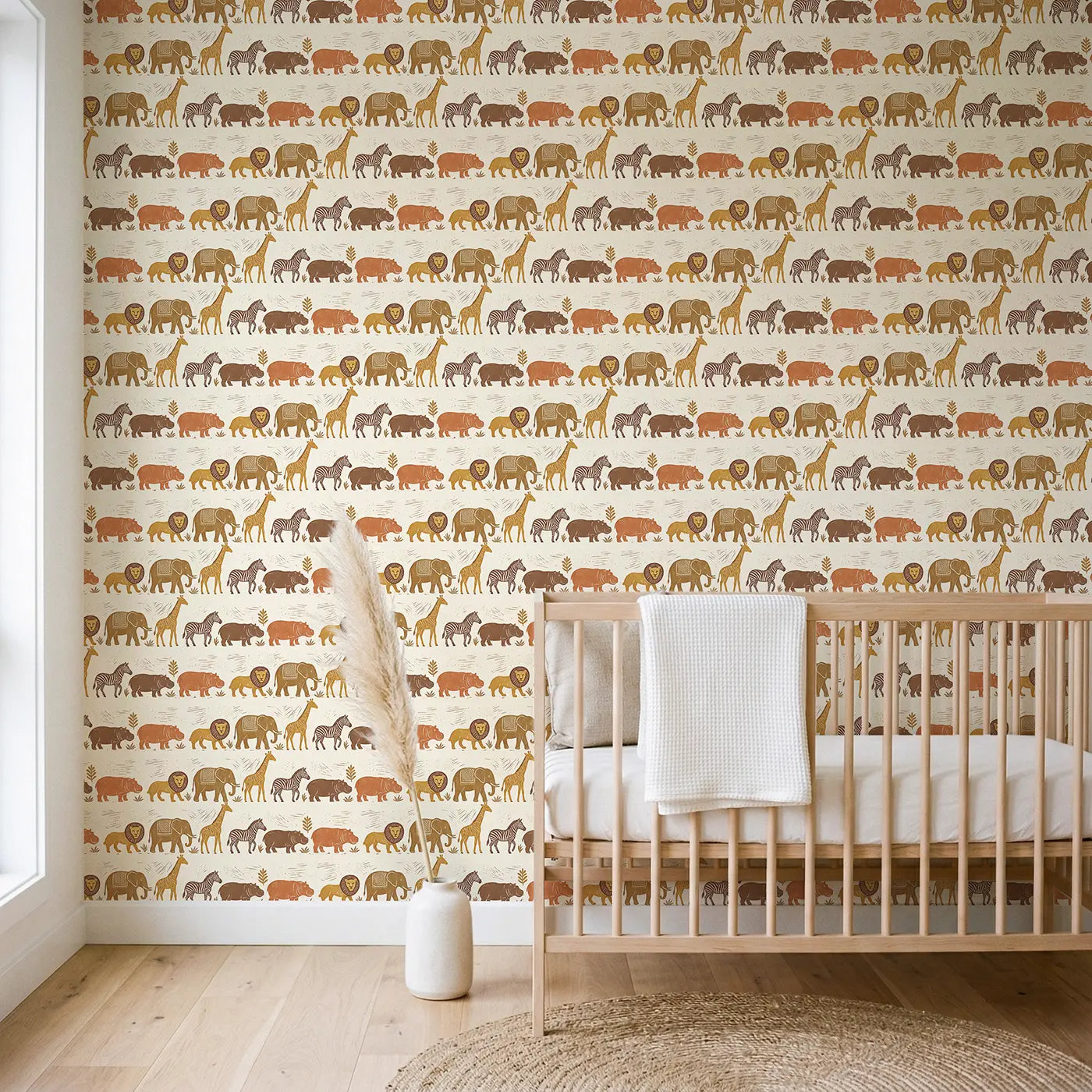Safari Border Block Print wallpaper in Scandinavian nursery - Whimsy Tots