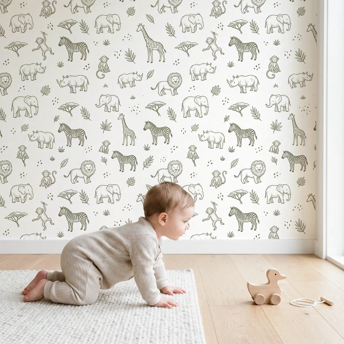 Simple Safari Animals Hand-Drawn wallpaper in styled kids room - Whimsy Tots