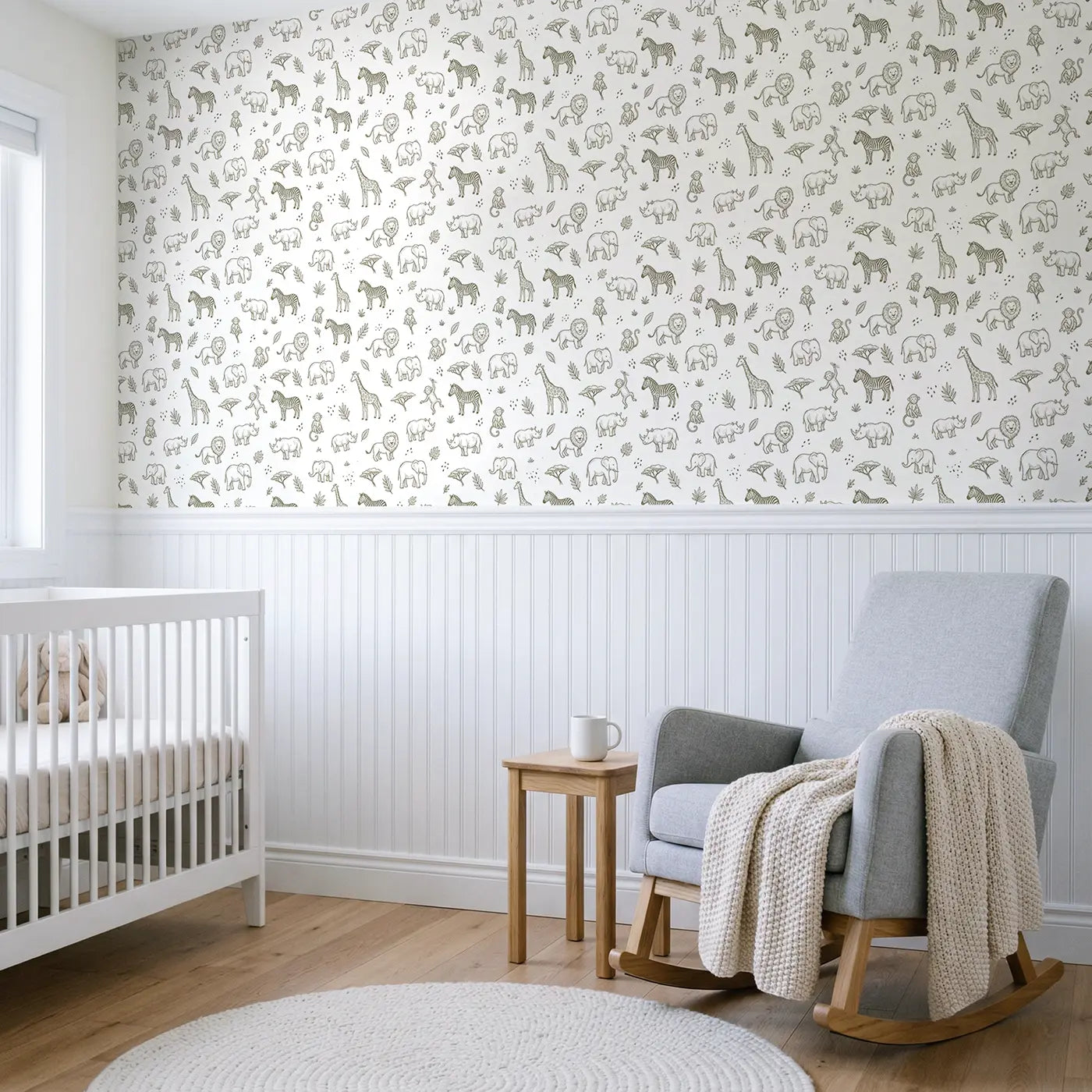 Simple Safari Animals Hand-Drawn wallpaper above wainscoting - Whimsy Tots
