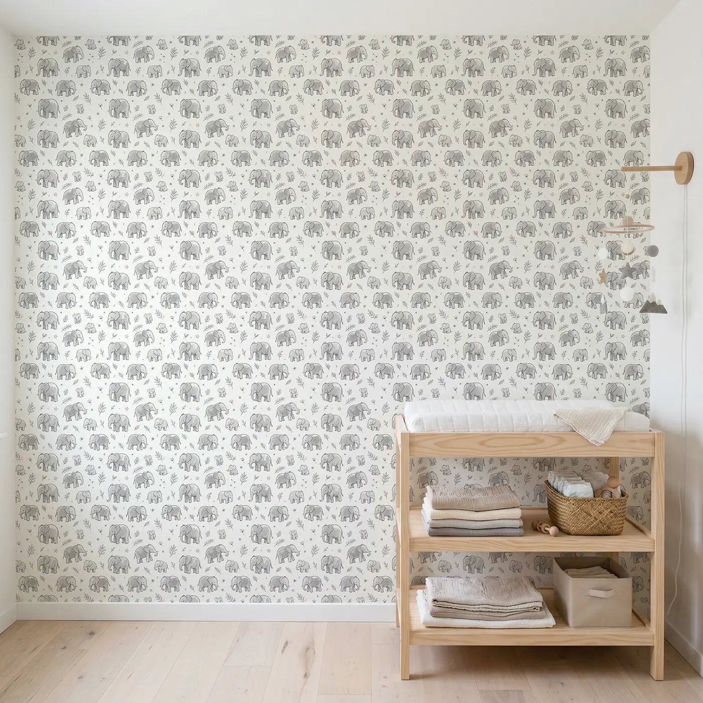 Elephants Selective Hand-Drawn wallpaper in Scandinavian nursery - Whimsy Tots