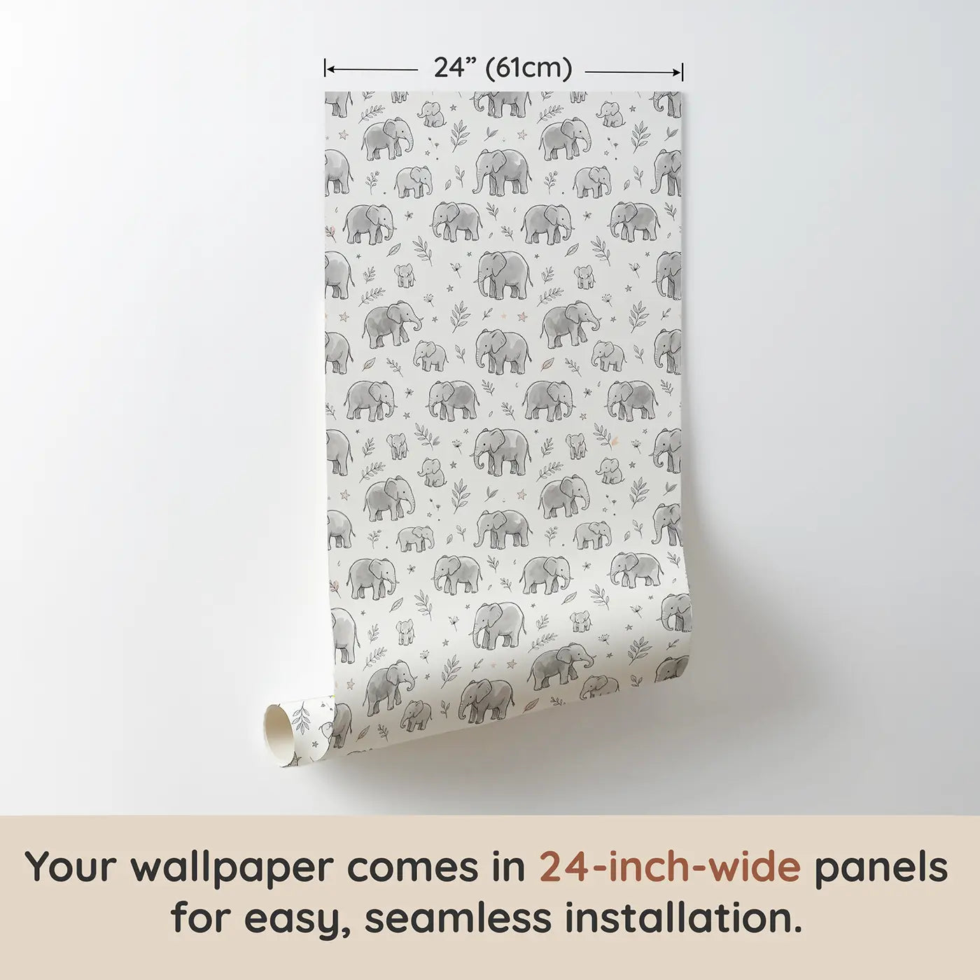 Elephants Selective Hand-Drawn wallpaper panel dimensions - Whimsy Tots