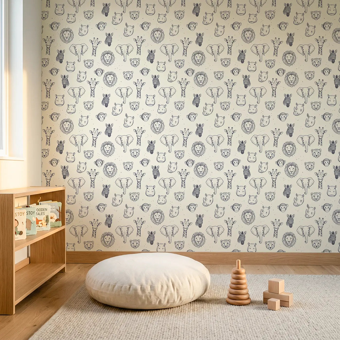 Safari Animal Heads Hand-Drawn wallpaper in Scandinavian nursery - Whimsy Tots