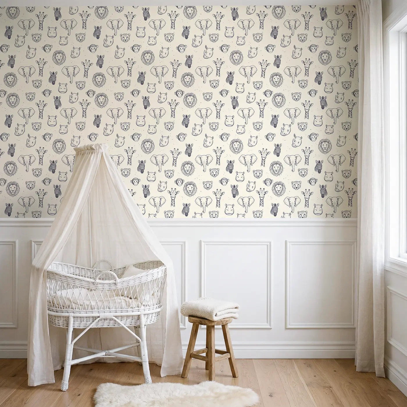 Safari Animal Heads Hand-Drawn wallpaper above wainscoting - Whimsy Tots