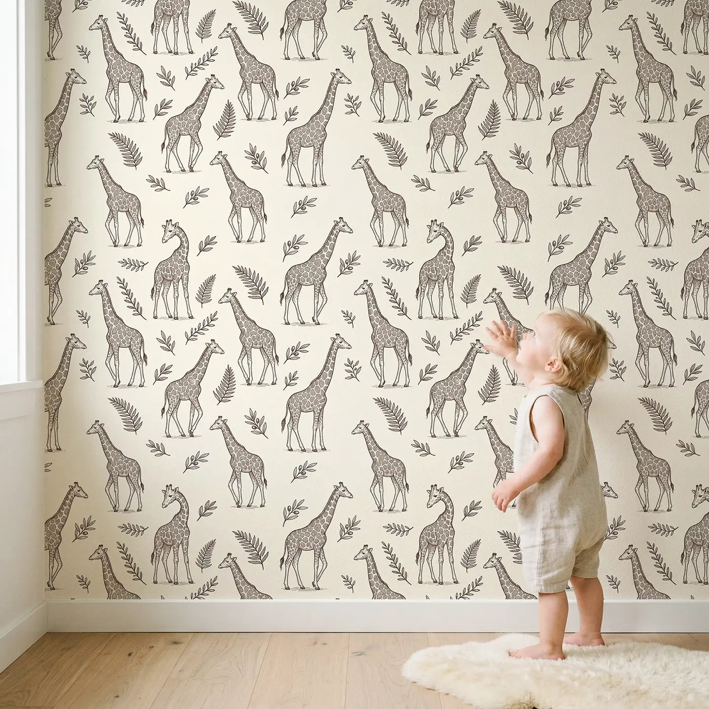 Giraffes Detailed Hand-Drawn wallpaper in styled kids room - Whimsy Tots