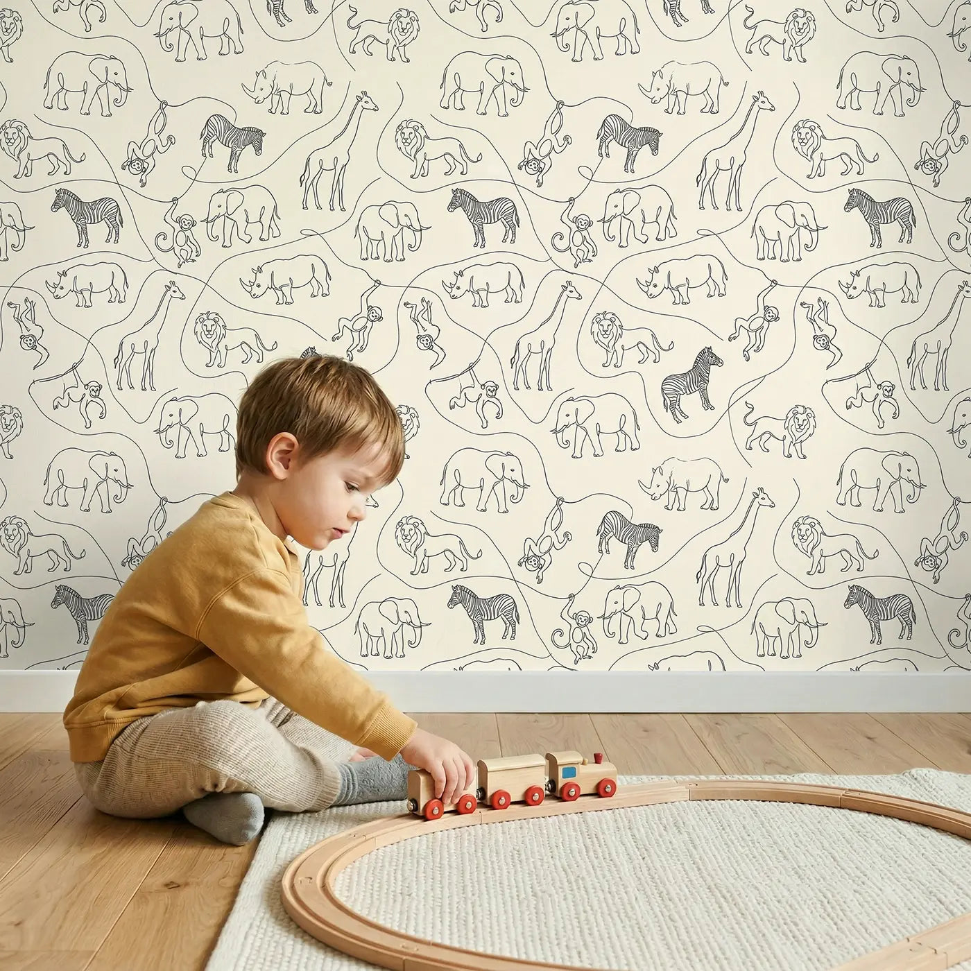 Continuous Single-Line Hand-Drawn wallpaper in styled kids room - Whimsy Tots