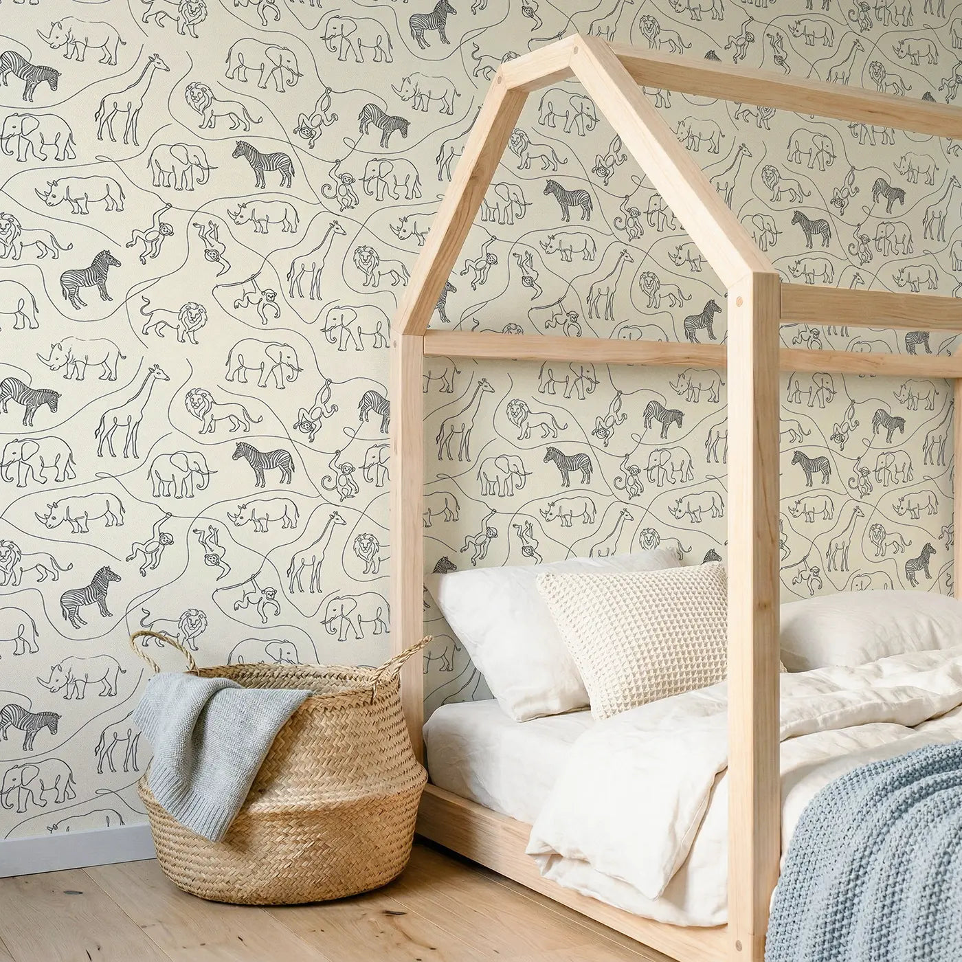 Continuous Single-Line Hand-Drawn wallpaper in Scandinavian nursery - Whimsy Tots