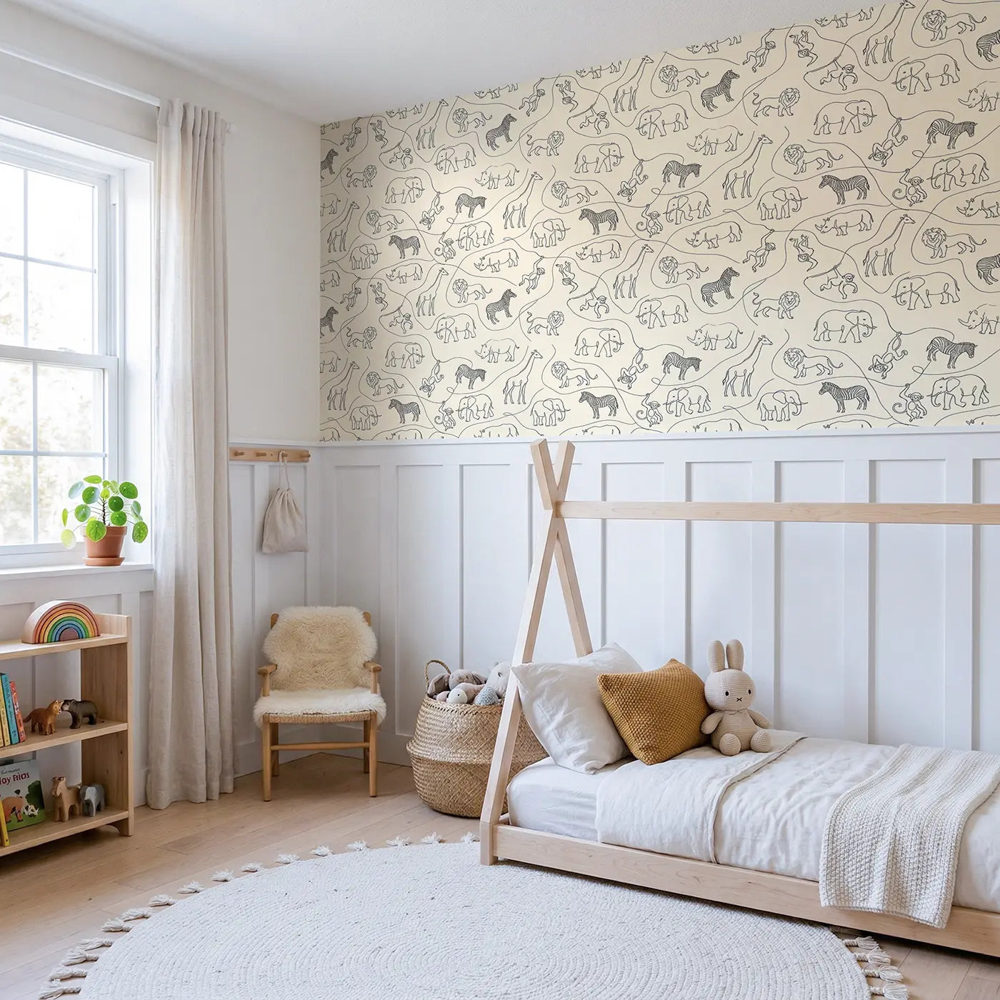 Continuous Single-Line Hand-Drawn wallpaper above wainscoting - Whimsy Tots