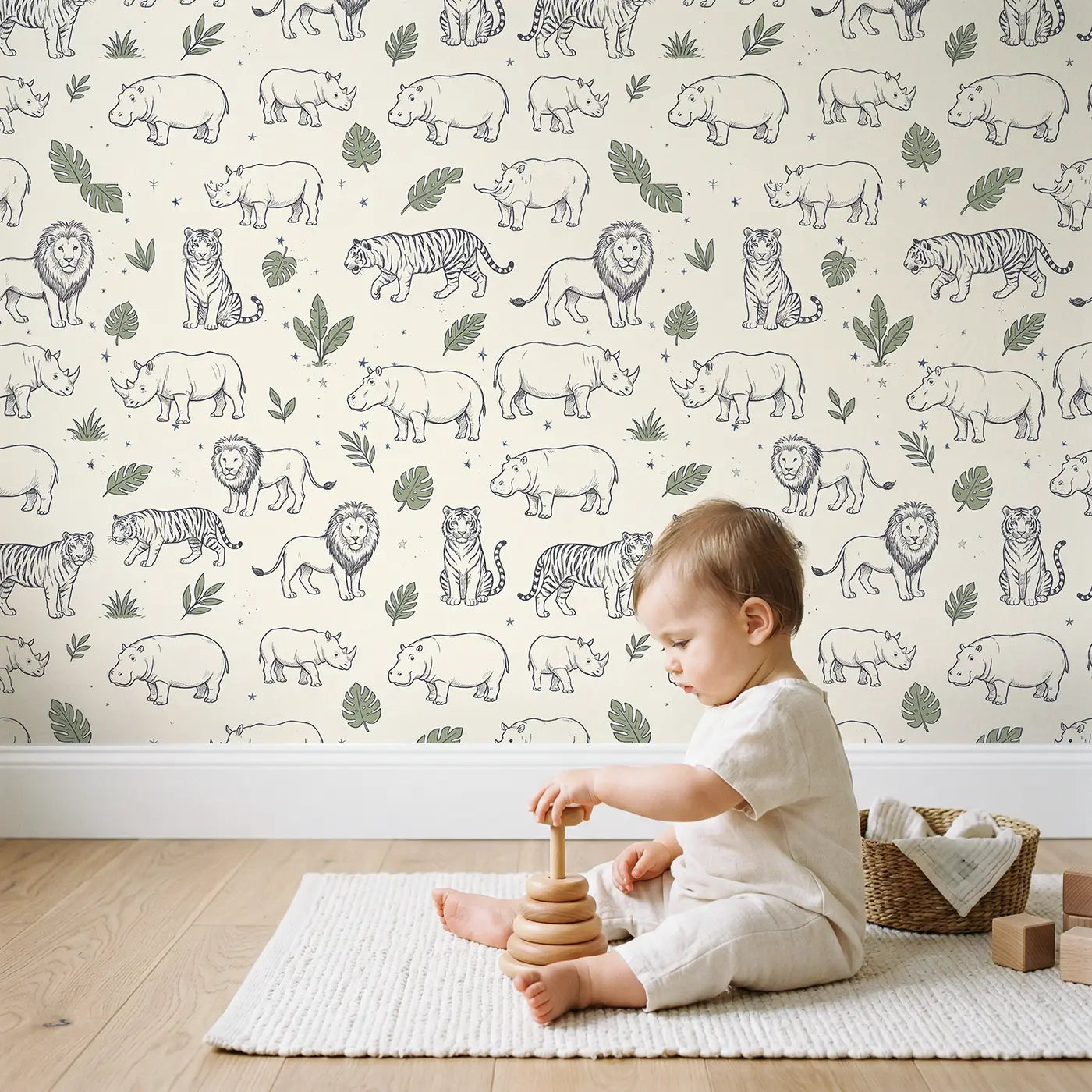 Simple Safari Selective Hand-Drawn wallpaper in styled kids room - Whimsy Tots