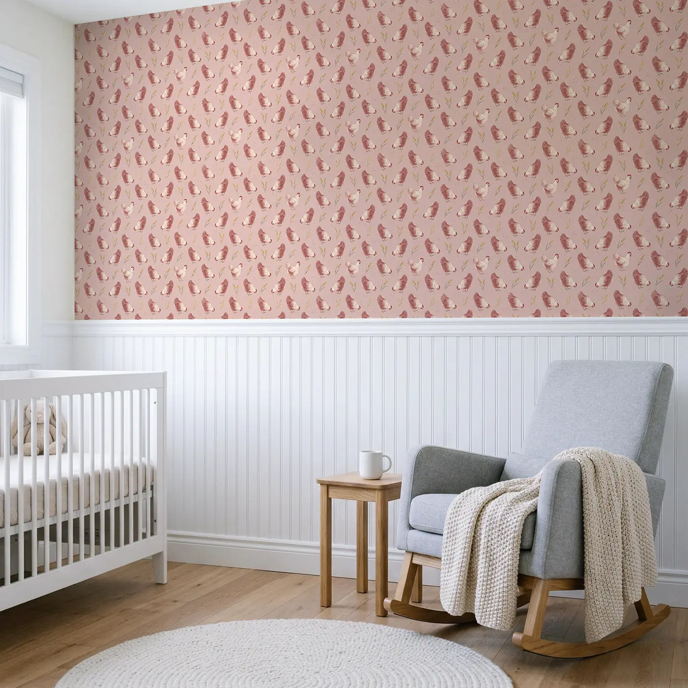Speckled Hens Soft Pastel wallpaper above wainscoting - Whimsy Tots