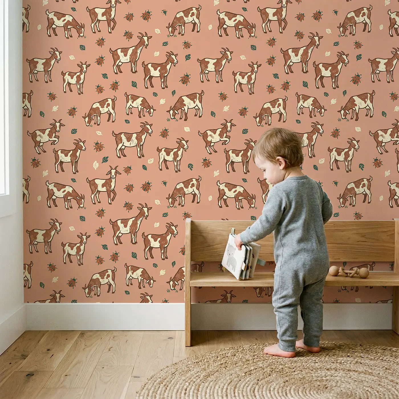 Brown White Goats Block Print wallpaper in styled kids room - Whimsy Tots