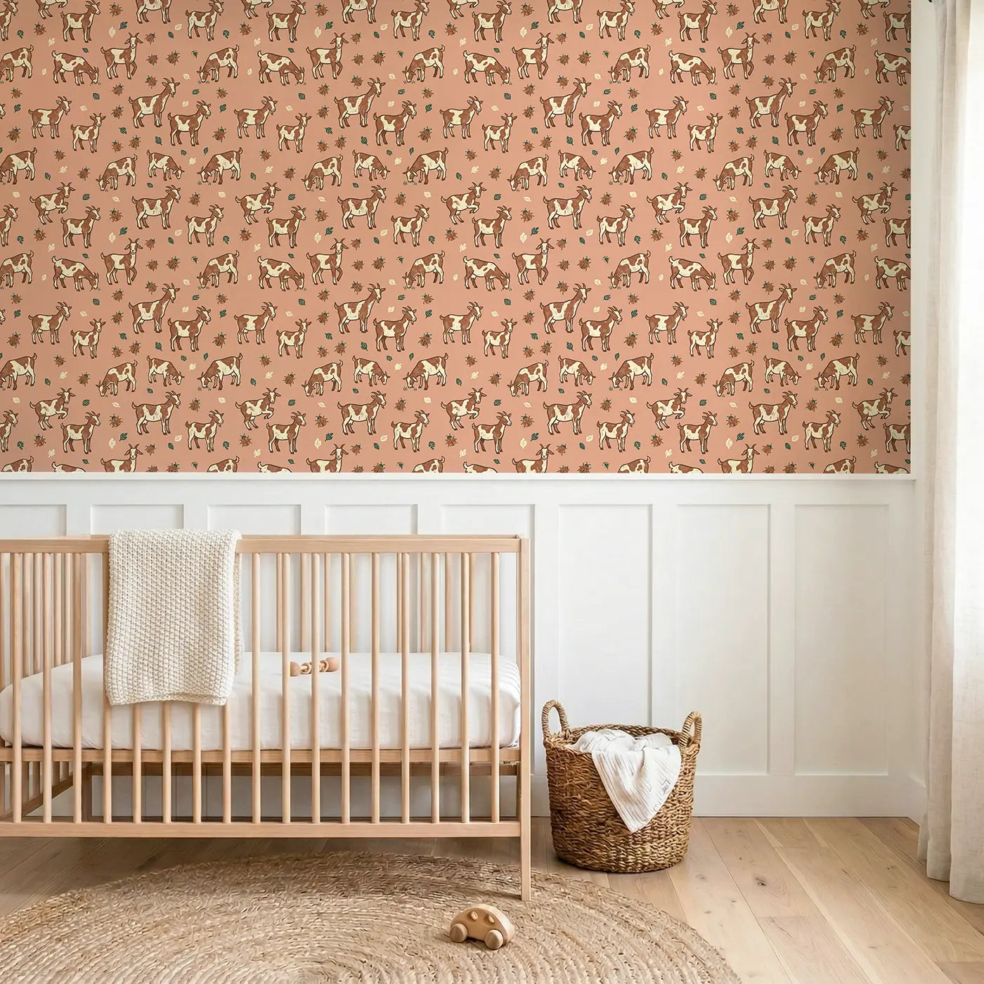 Brown White Goats Block Print wallpaper above wainscoting - Whimsy Tots
