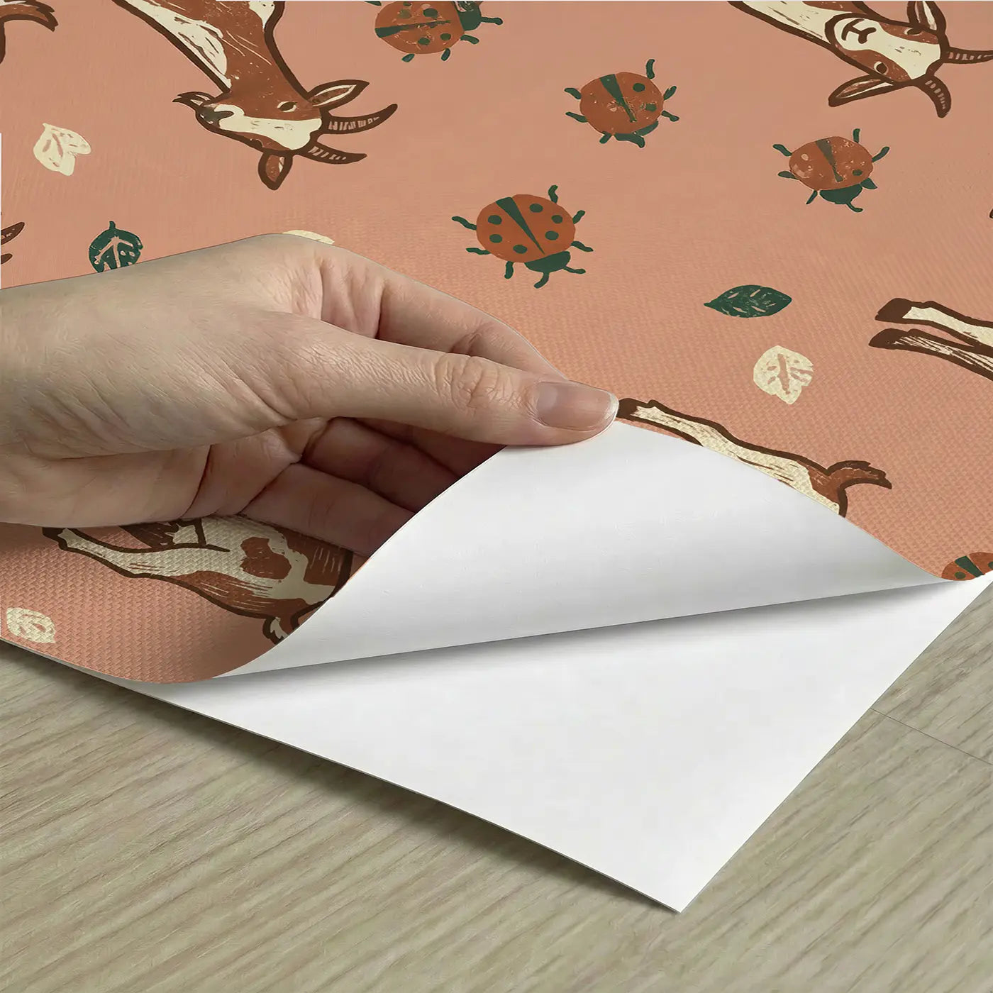 Brown White Goats Block Print peel and stick material close-up - Whimsy Tots
