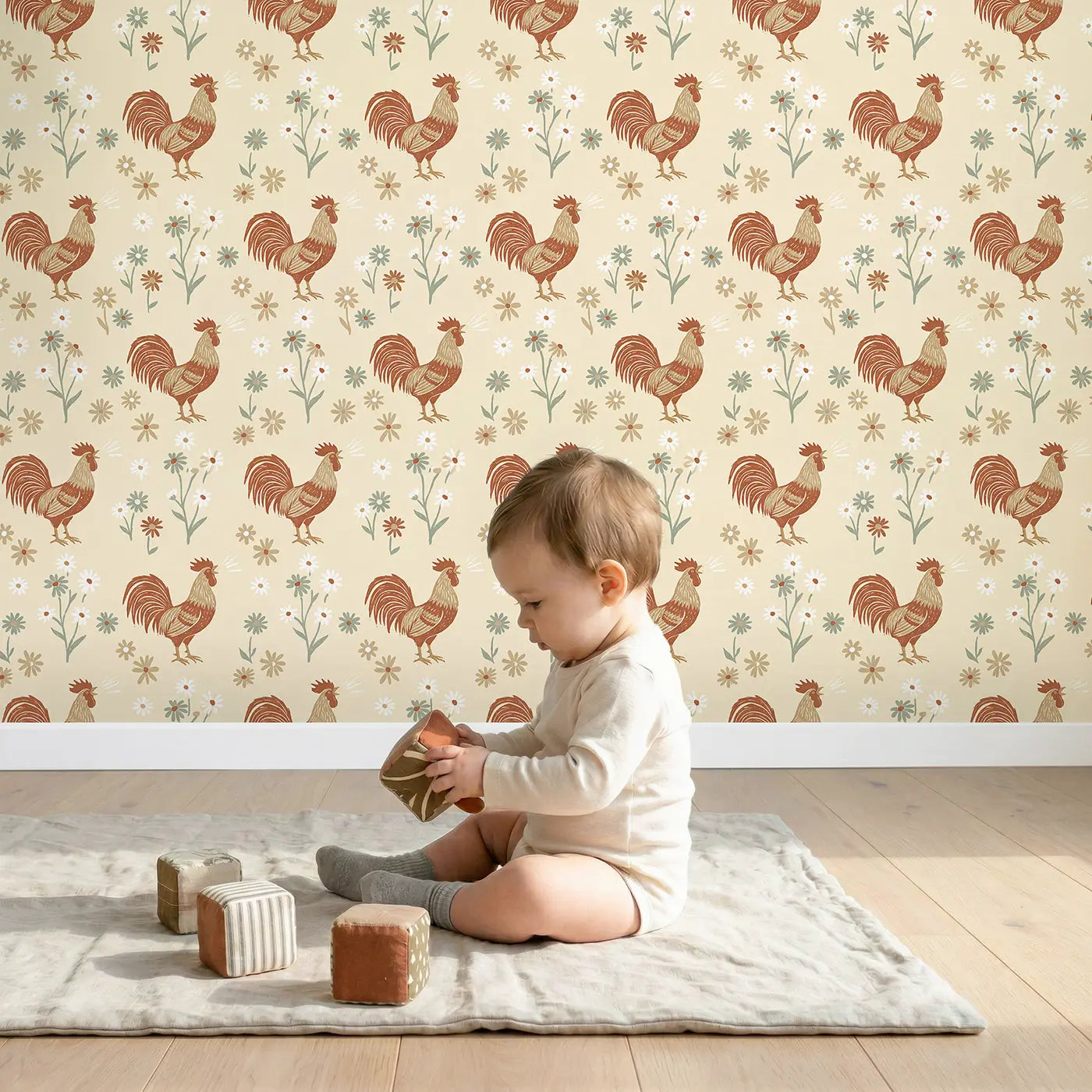 Proud Roosters Block Print wallpaper in styled kids room - Whimsy Tots