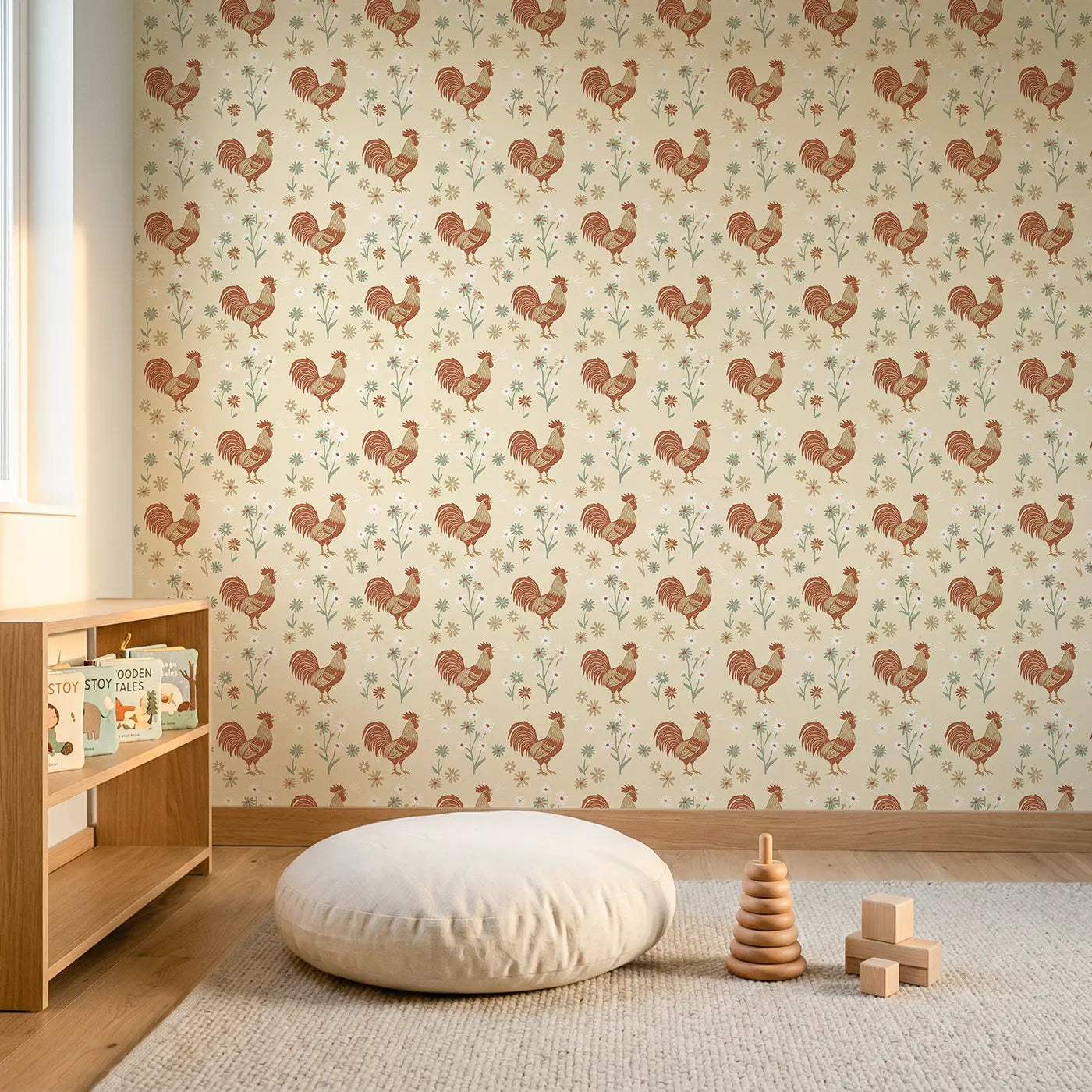 Proud Roosters Block Print wallpaper in Scandinavian nursery - Whimsy Tots