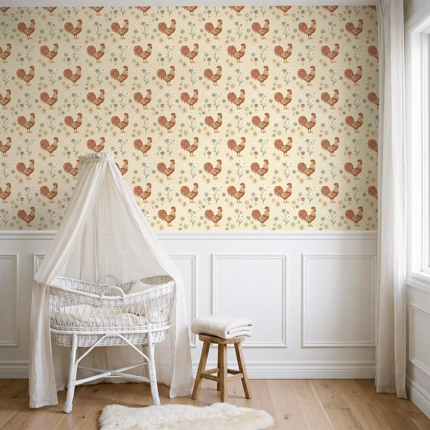 Proud Roosters Block Print wallpaper above wainscoting - Whimsy Tots