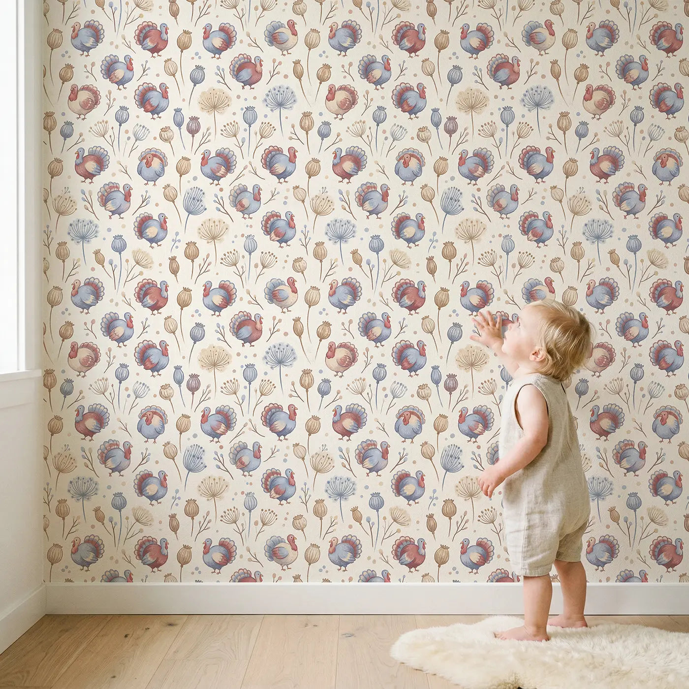 Plump Turkeys Strutting Soft Pastel wallpaper in styled kids room - Whimsy Tots