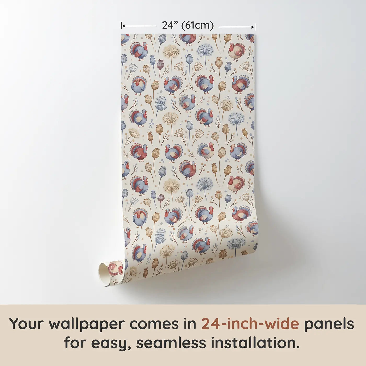 Plump Turkeys Strutting Soft Pastel wallpaper panel dimensions - Whimsy Tots
