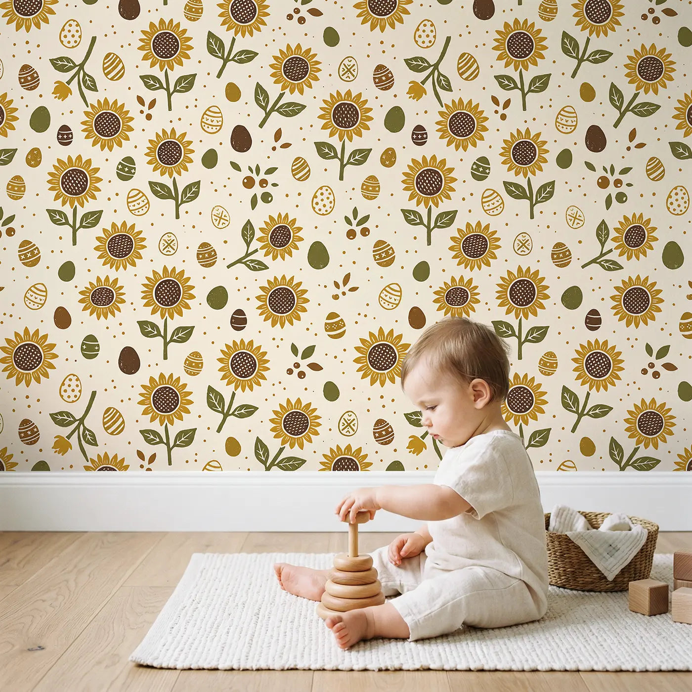 Sunflower Heads Block Print wallpaper in styled kids room - Whimsy Tots