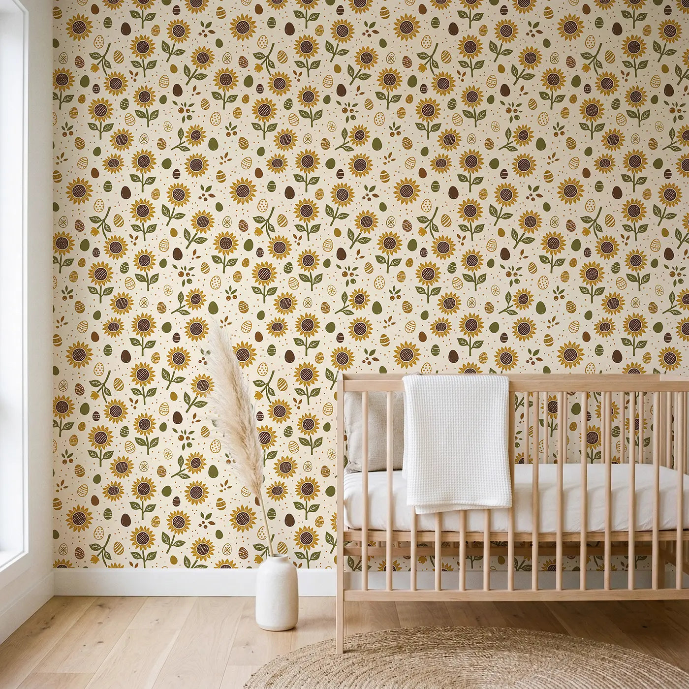 Sunflower Heads Block Print wallpaper in Scandinavian nursery - Whimsy Tots
