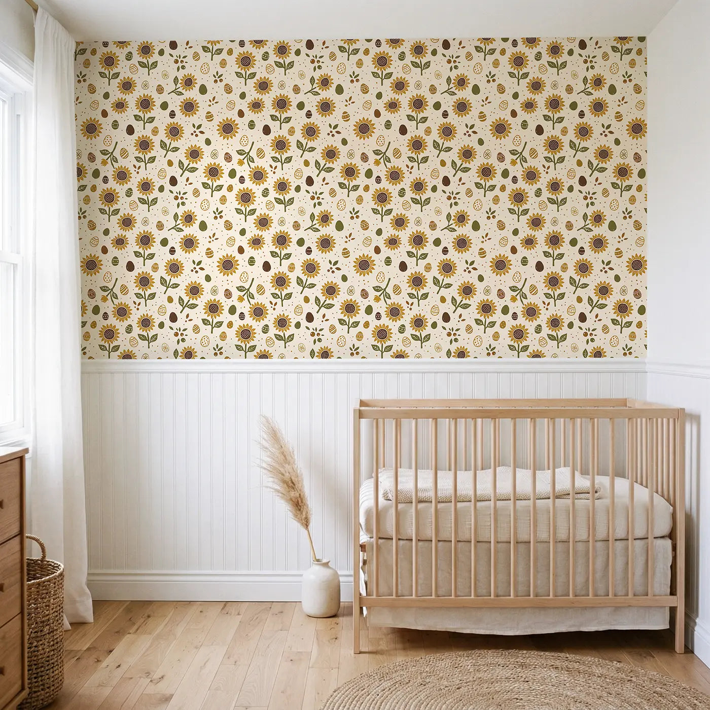 Sunflower Heads Block Print wallpaper above wainscoting - Whimsy Tots