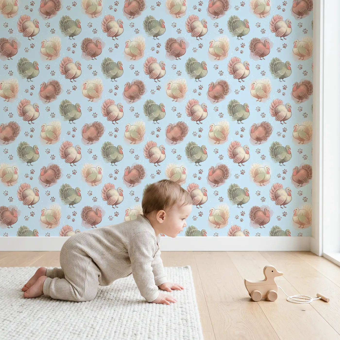 Plump Turkeys Strutting Soft Pastel II wallpaper in styled kids room - Whimsy Tots