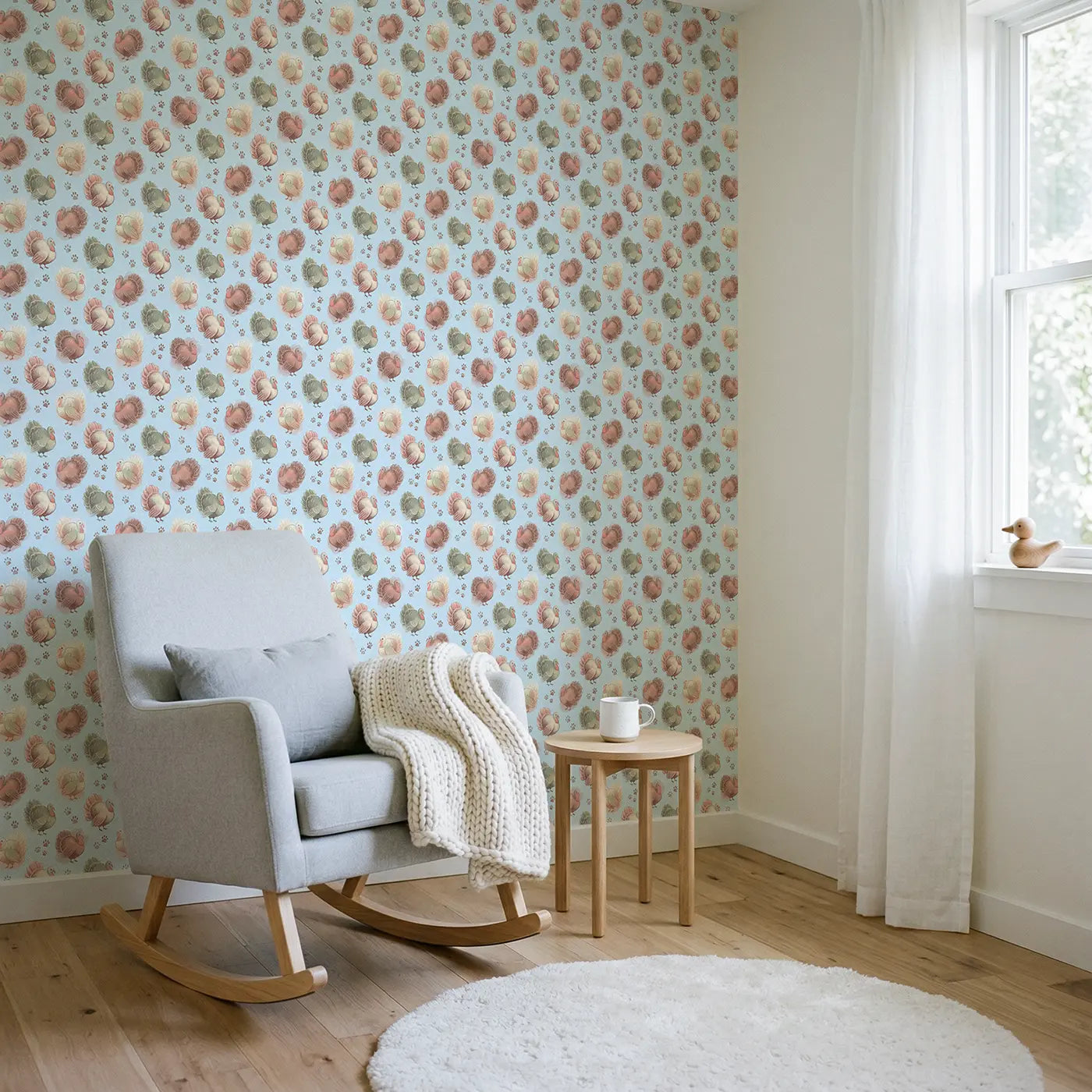 Plump Turkeys Strutting Soft Pastel II wallpaper in Scandinavian nursery - Whimsy Tots