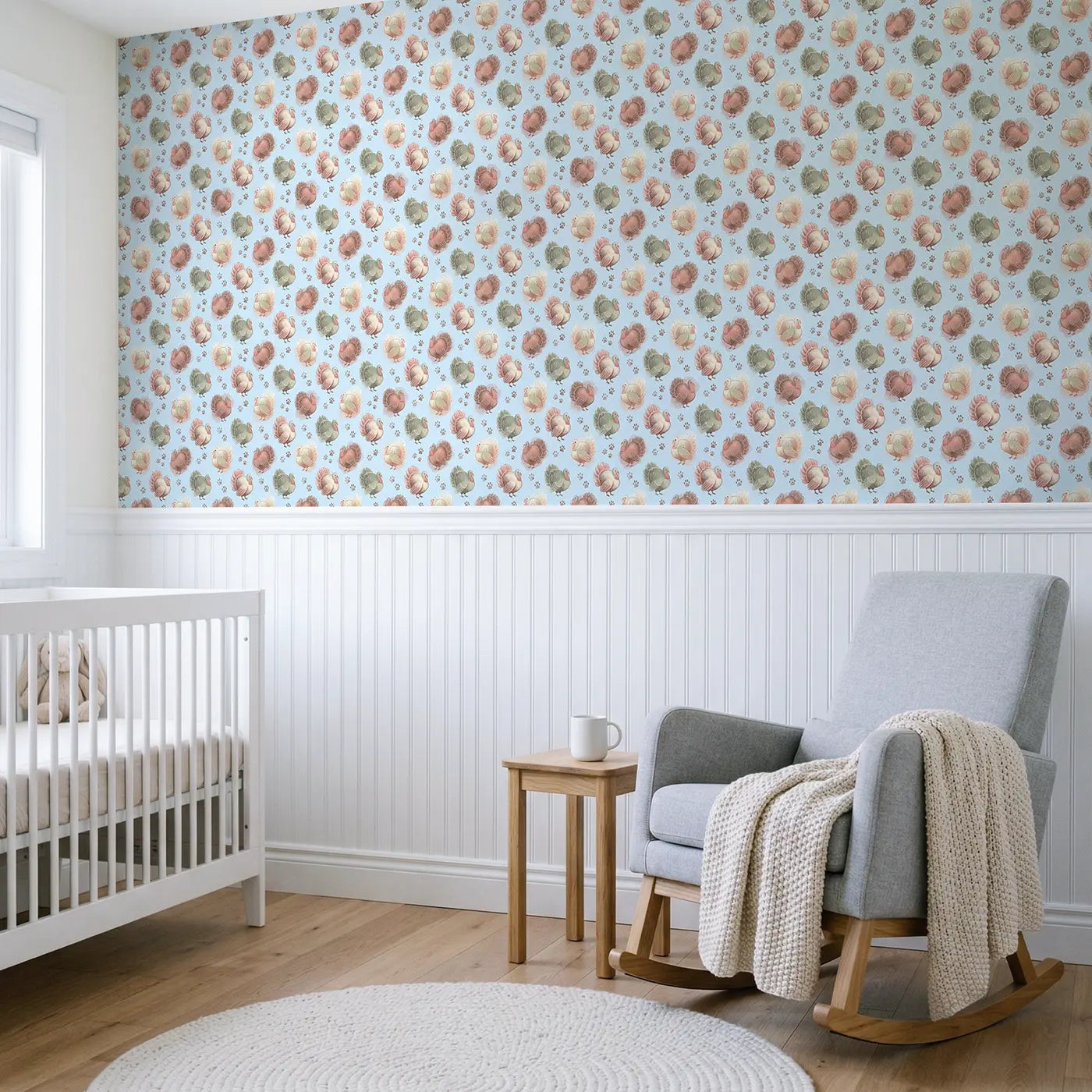 Plump Turkeys Strutting Soft Pastel II wallpaper above wainscoting - Whimsy Tots