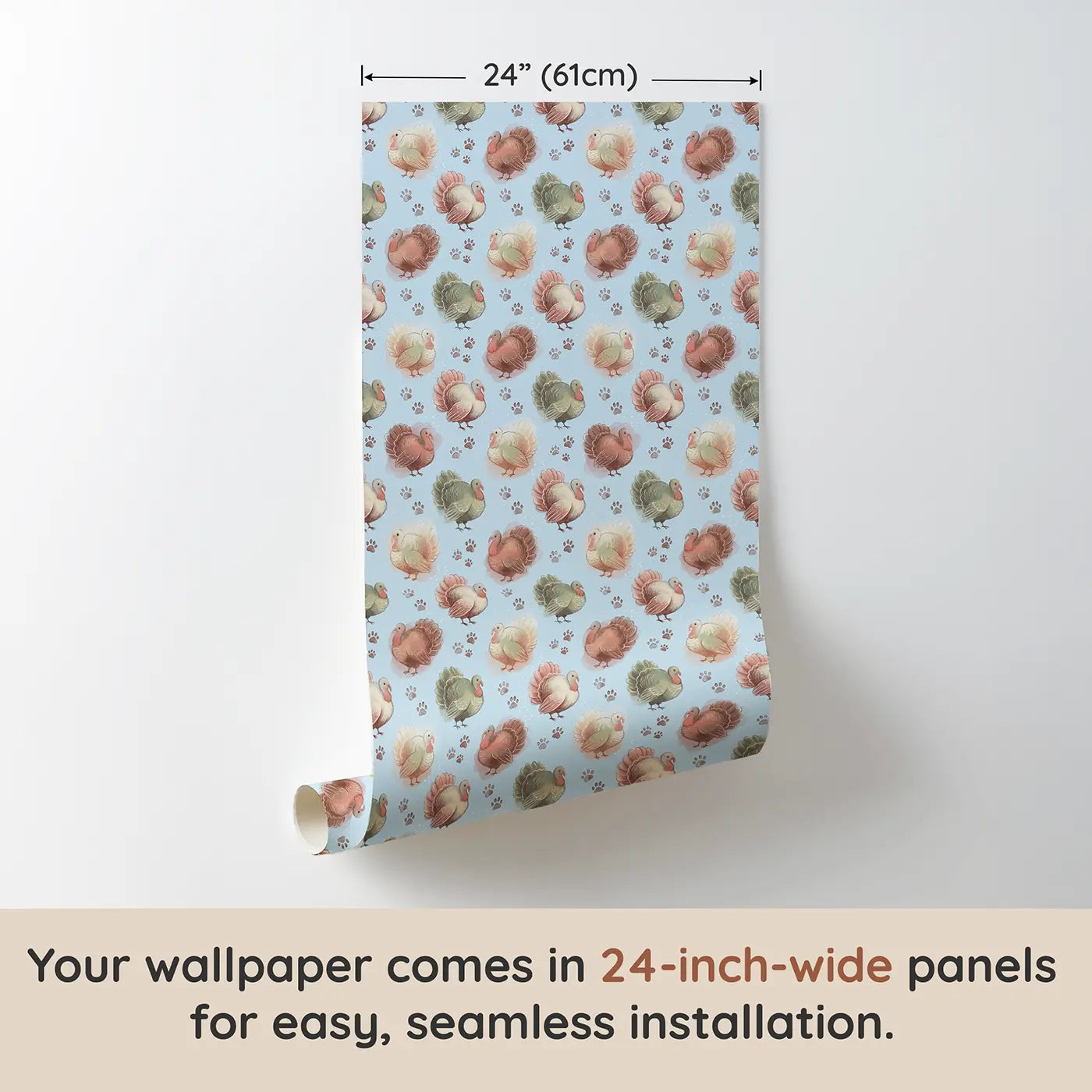 Plump Turkeys Strutting Soft Pastel II wallpaper panel dimensions - Whimsy Tots