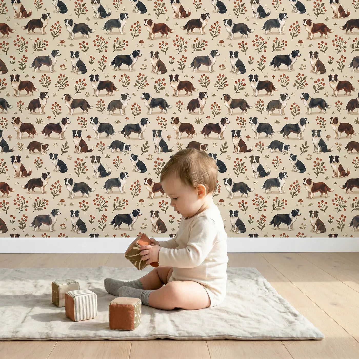 Border Collie Herding Modern Illustration wallpaper in styled kids room - Whimsy Tots