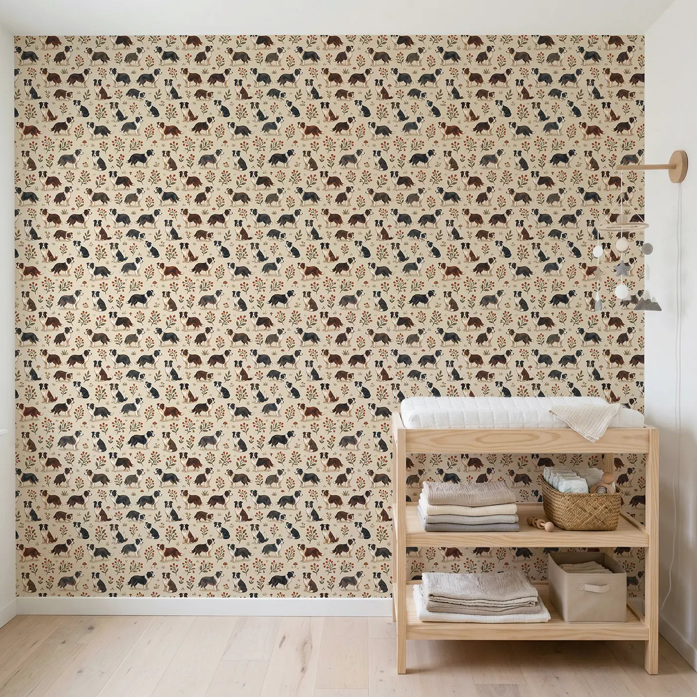 Border Collie Herding Modern Illustration wallpaper in Scandinavian nursery - Whimsy Tots