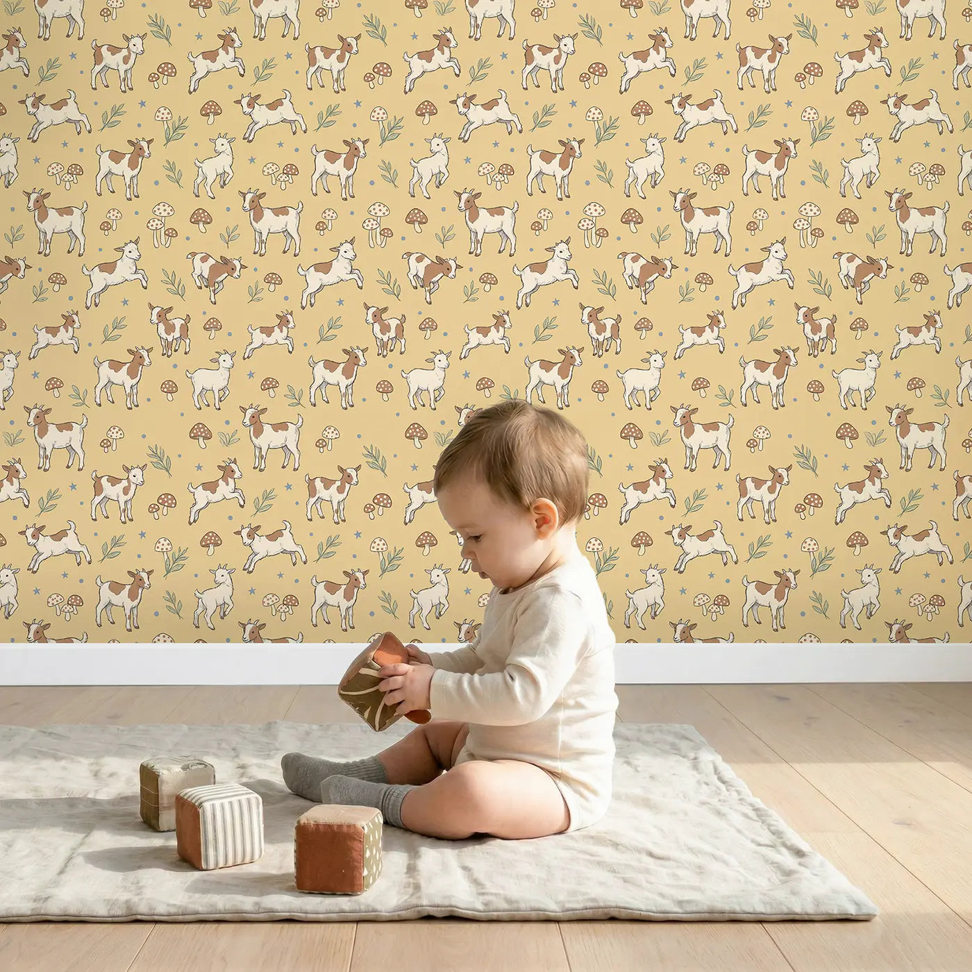 Brown White Goats Hand-Drawn wallpaper in styled kids room - Whimsy Tots