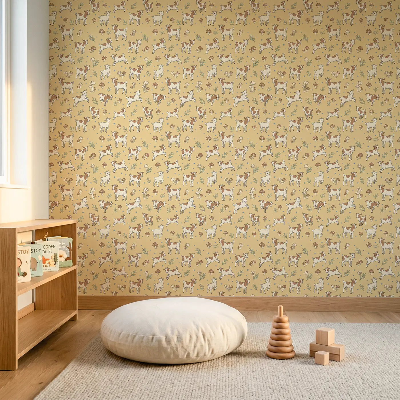 Brown White Goats Hand-Drawn wallpaper in Scandinavian nursery - Whimsy Tots
