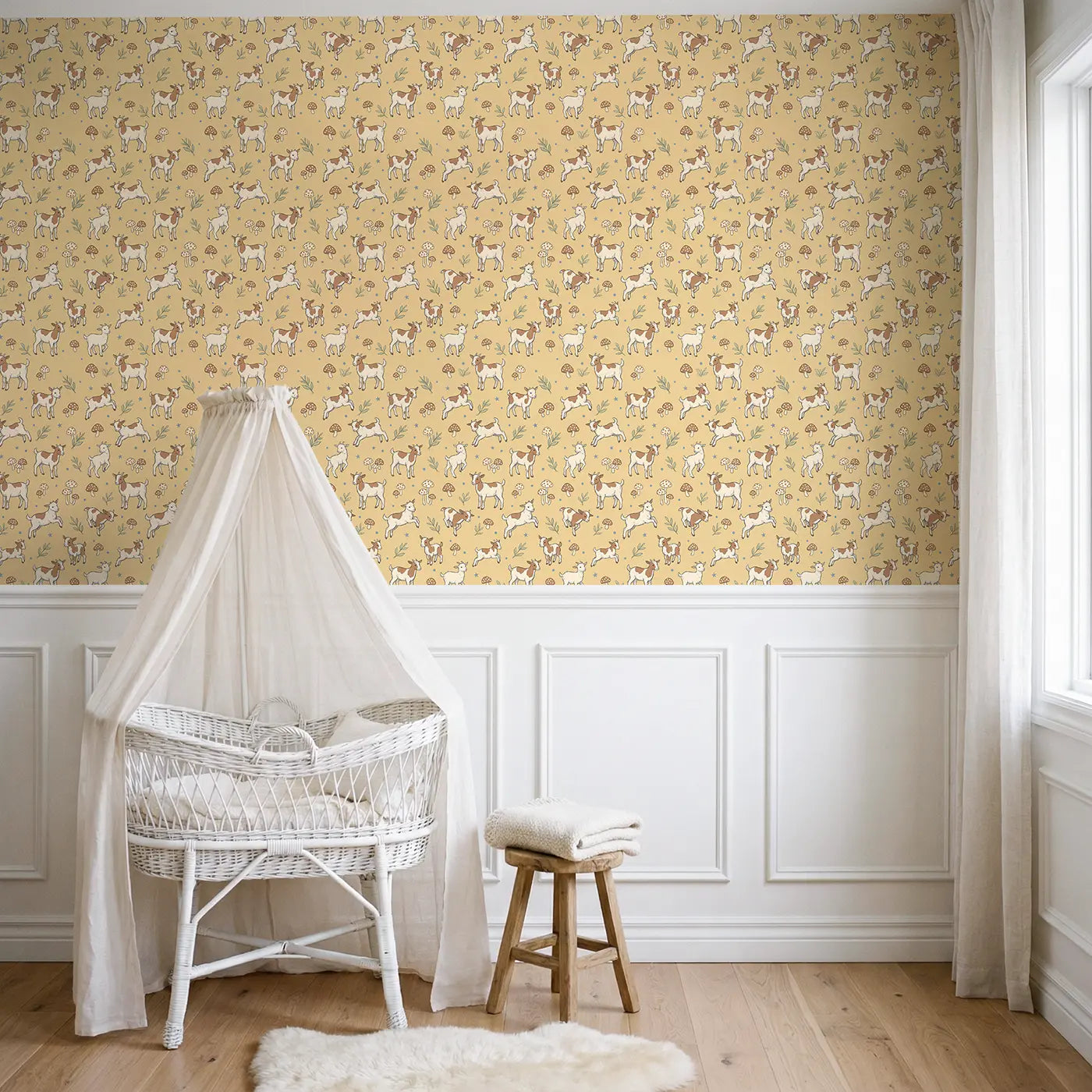 Brown White Goats Hand-Drawn wallpaper above wainscoting - Whimsy Tots