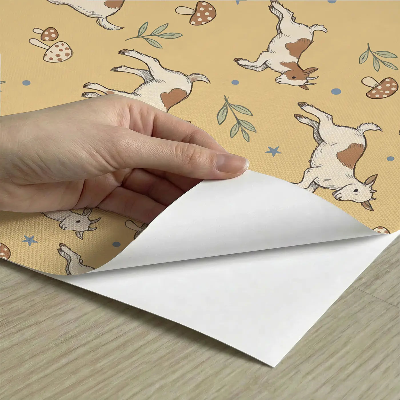 Brown White Goats Hand-Drawn peel and stick material close-up - Whimsy Tots