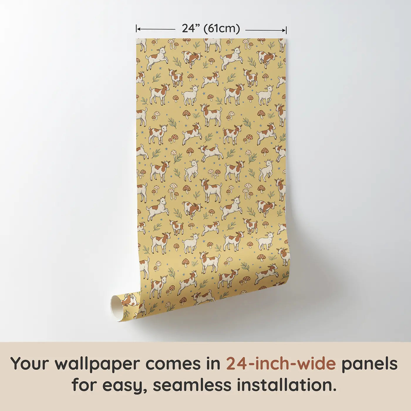 Brown White Goats Hand-Drawn wallpaper panel dimensions - Whimsy Tots