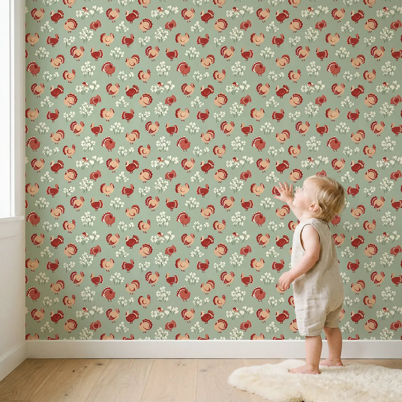Plump Turkeys Strutting Modern Illustration wallpaper in styled kids room - Whimsy Tots