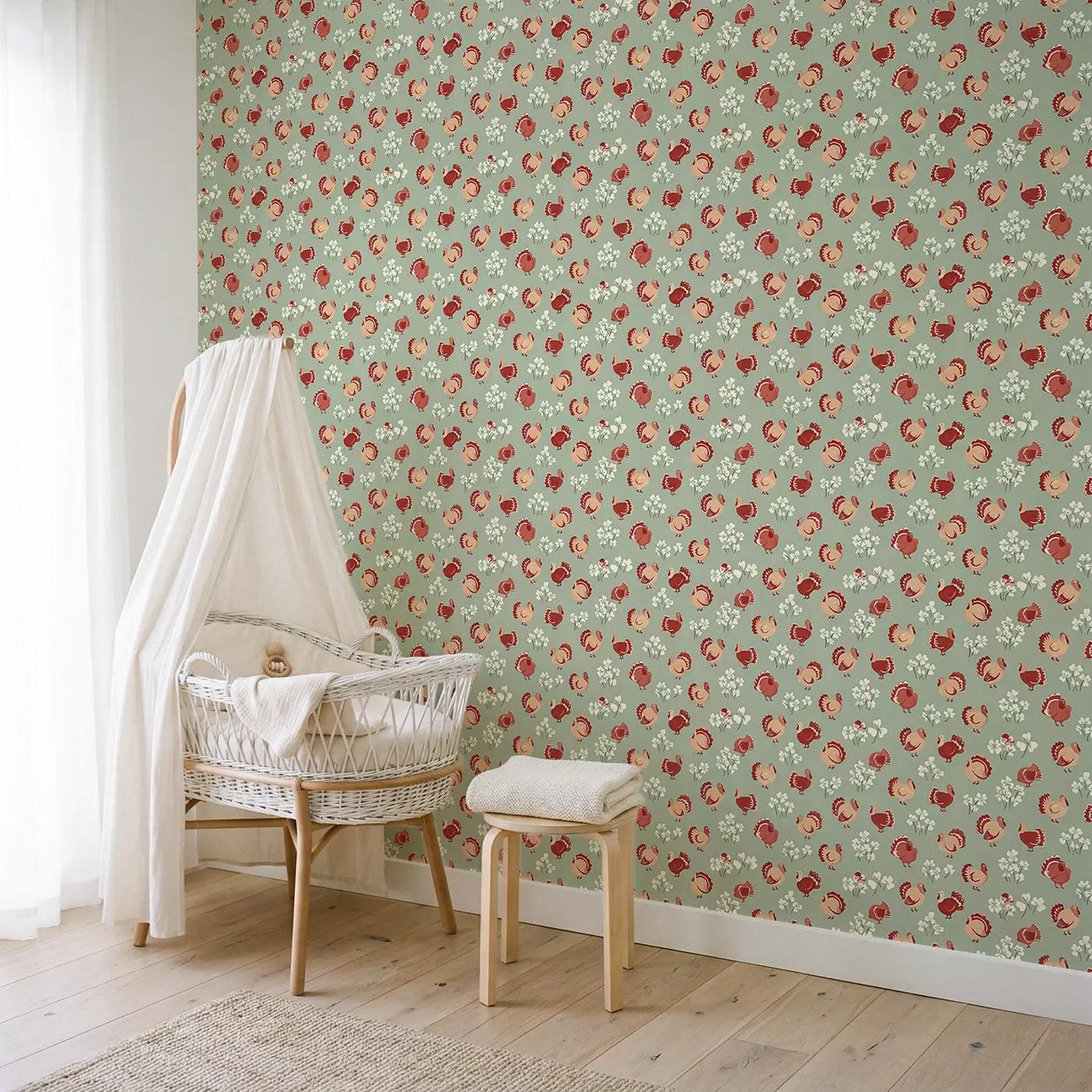 Plump Turkeys Strutting Modern Illustration wallpaper in Scandinavian nursery - Whimsy Tots