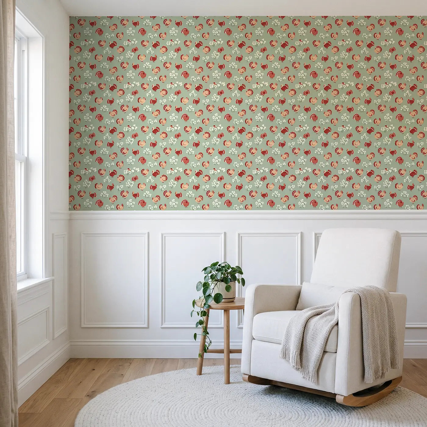 Plump Turkeys Strutting Modern Illustration wallpaper above wainscoting - Whimsy Tots