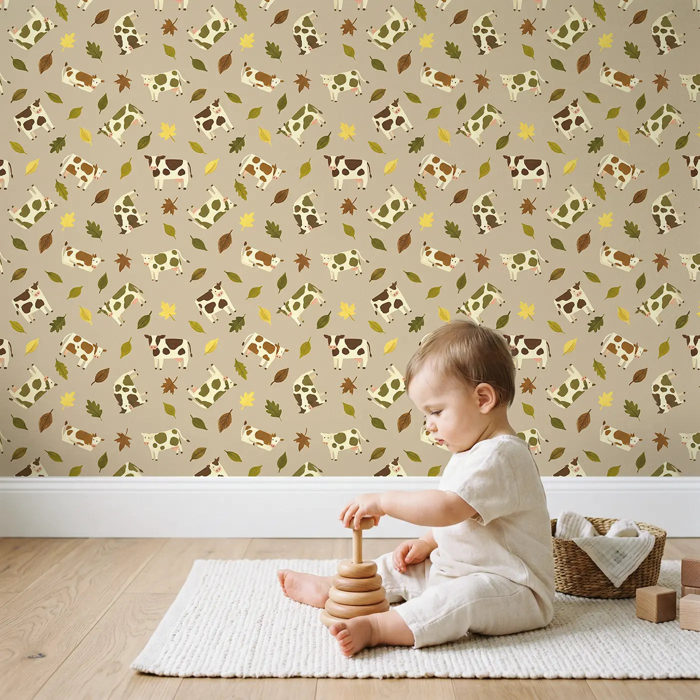 Spotted Dairy Cows Modern Illustration wallpaper in styled kids room - Whimsy Tots