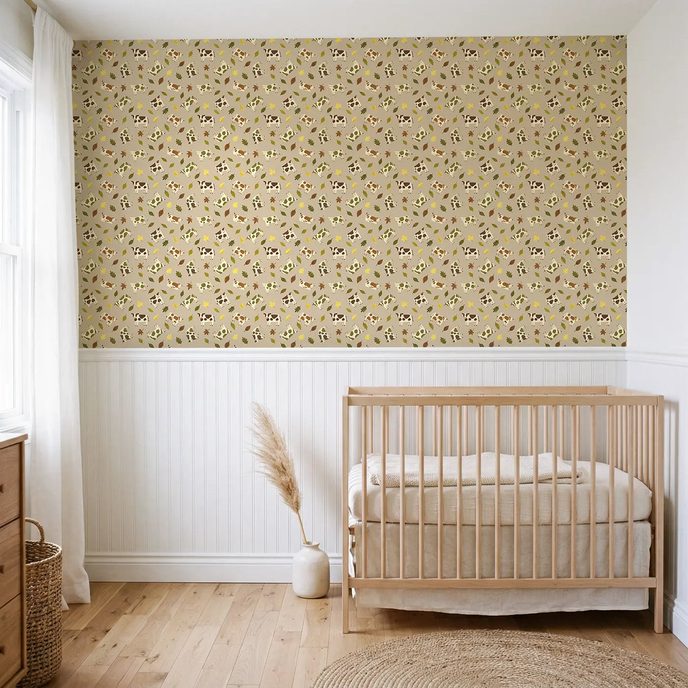 Spotted Dairy Cows Modern Illustration wallpaper above wainscoting - Whimsy Tots