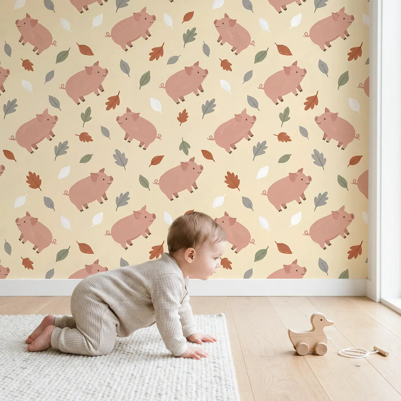 Curly-Tailed Piglets Modern Illustration wallpaper in styled kids room - Whimsy Tots