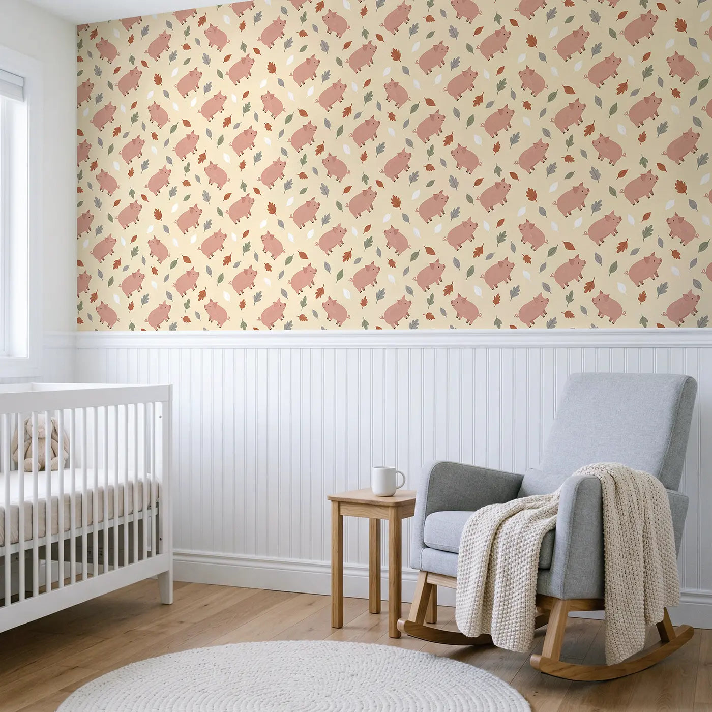 Curly-Tailed Piglets Modern Illustration wallpaper above wainscoting - Whimsy Tots
