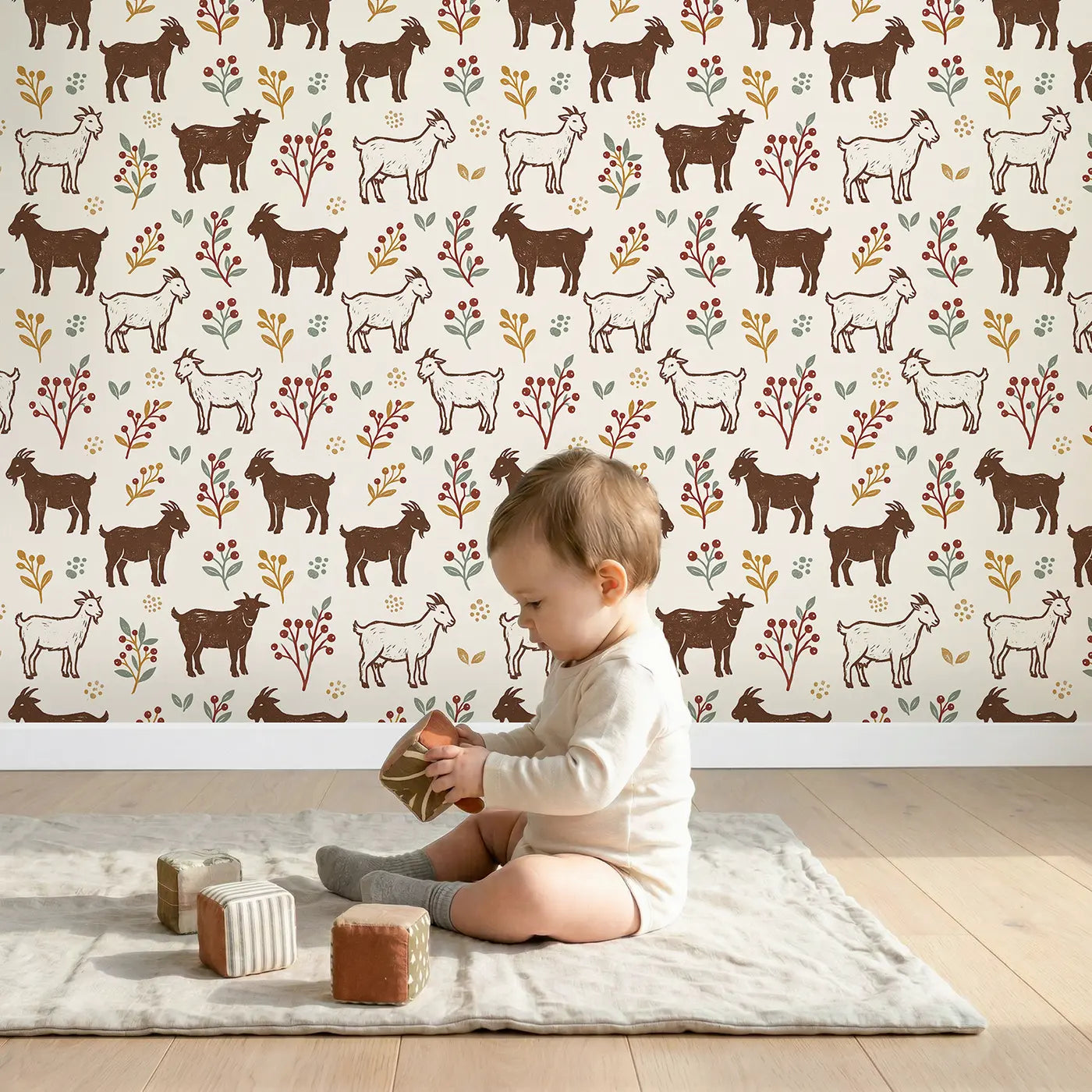 Brown White Goats Block Print II wallpaper in styled kids room - Whimsy Tots
